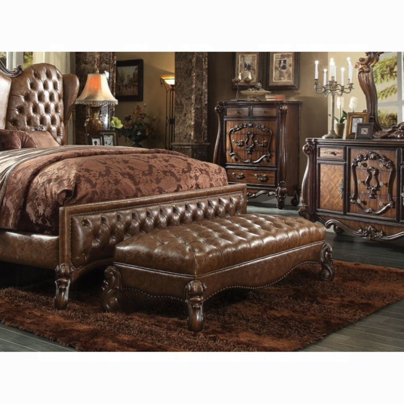 Carvajal Button Tufted Bench in Two Tone Light Brown and Cherry Oak