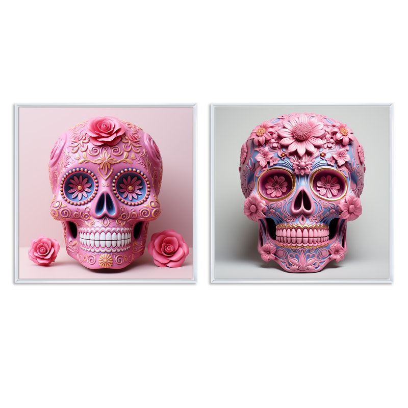 «La Calavera», art mexicain, ensemble de 2 collages carrés, Cadre flottant blanc, H 36 po x l 73 po