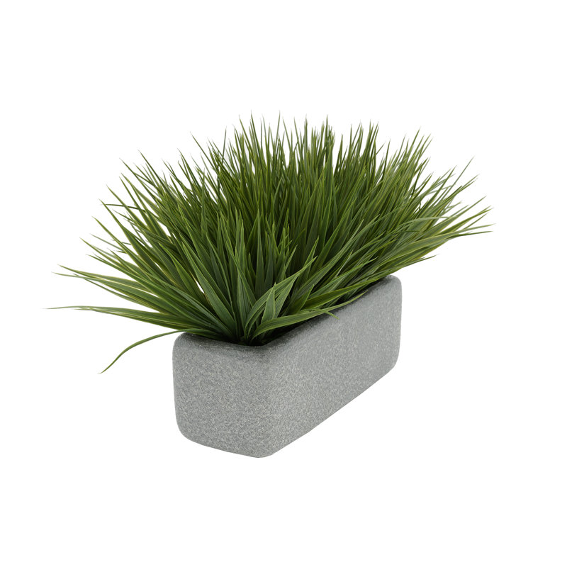Herbe artificielle en pot de fleurs, Gris, H 10 po x L 17 po x P 10 po, Vert foncé