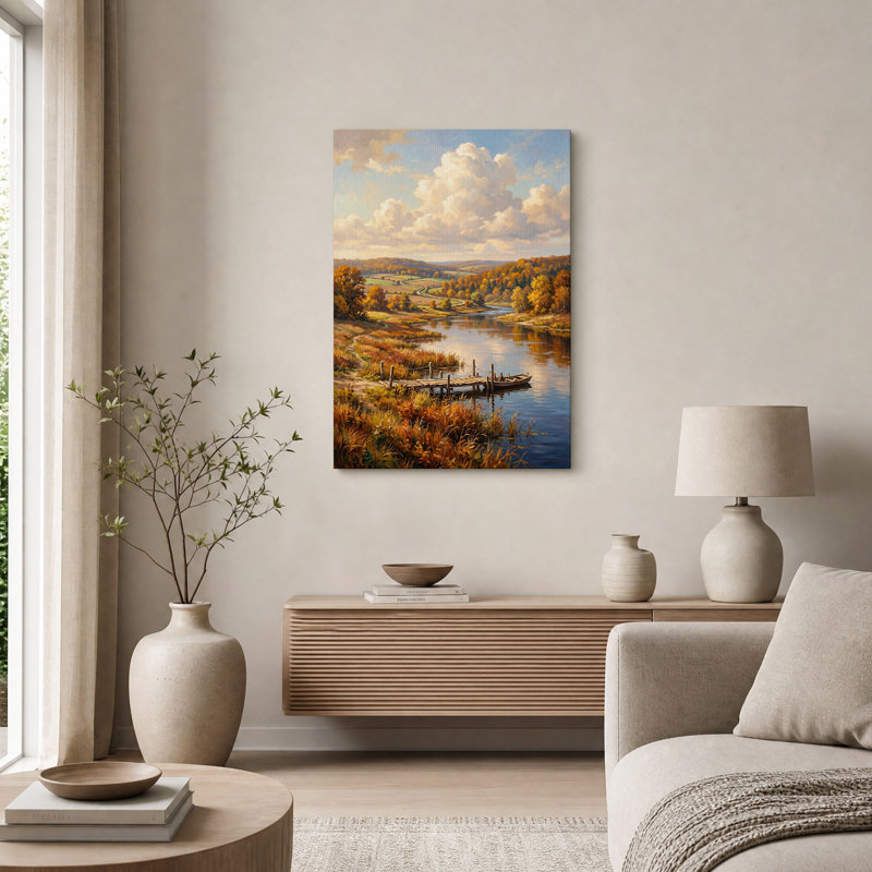 Tableau sur toile représentant une rivière et un quai en bois dans un paysage d'automne, H 18 po x l 12 po