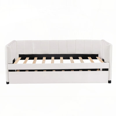 Nadwa Twin Size Upholstered Daybed with Ergonomic Design Backrest and Trundle