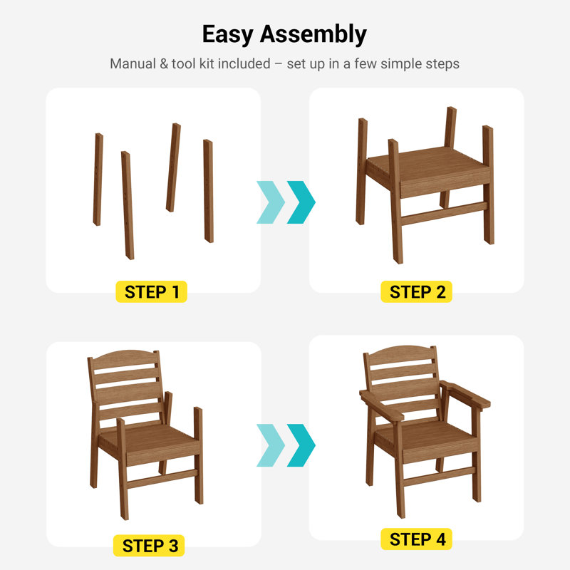 Chaises de patio en HDPE pour l'extérieur, empilables et résistantes aux intempéries avec dossier ergonomique, Teck