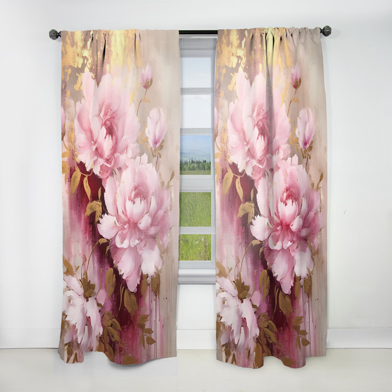 Pink And Gold Peonies In Radiance - Traditional Velvet Curtain - Room Darkening - 1 panel, 52" W x 120" L