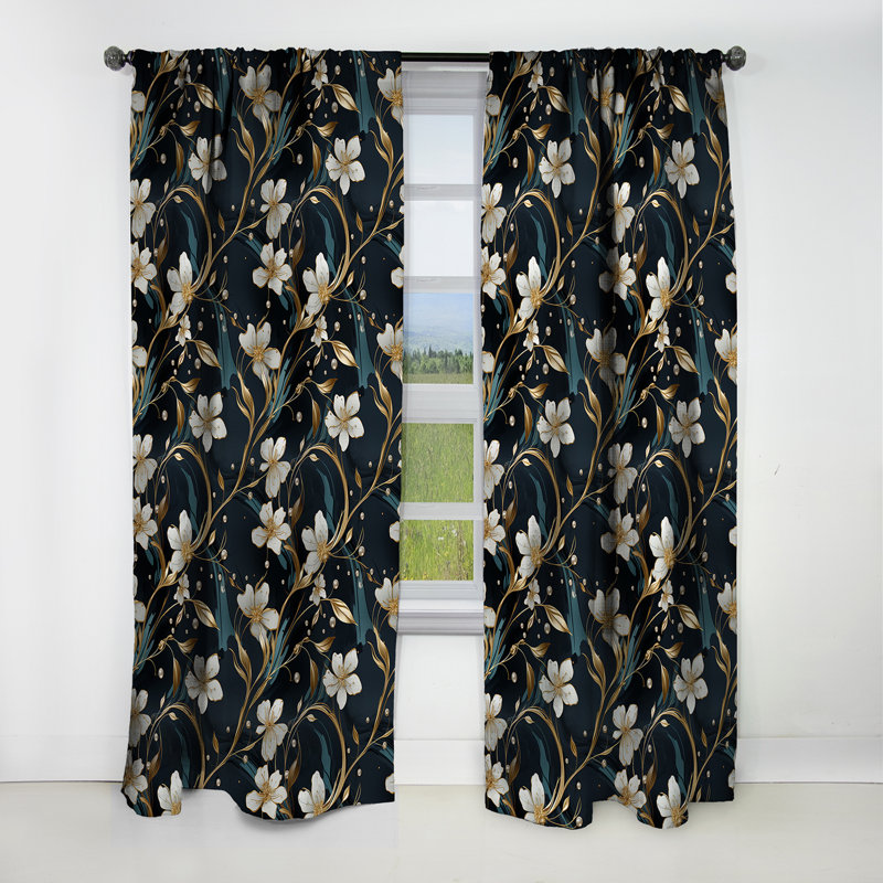 Rich Emerald and Gold Floral Marble Motif - Rideau occultant en marbre abstrait - 1 panneaux, L 52 po x L 95 po