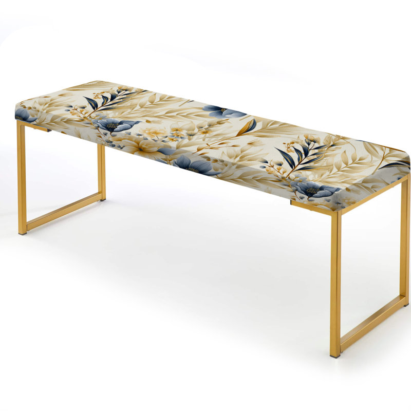 Floral Upholstered Gold Bench, Coastal Neutrals Flowers Pattern II