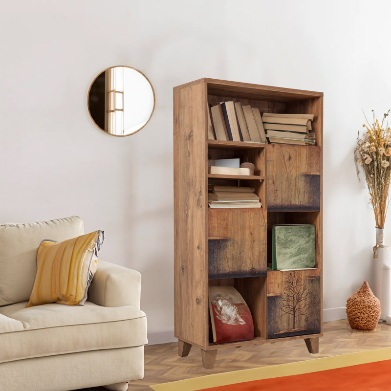 Bibliothèque moderne avec motif abstrait d'automne, couleur pin atlantique, 31,5 x 61,0 x 14,2 pouces | 100% panneau de particules enduit de mélamine, revêtement UV | Pieds en bois, nombreuses tablettes, solution de rangement murale, élégante et fonctionnelle