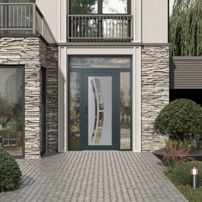 C12 Right-Hand 64 In. X 96 In. Panel Silver Steel Anthracite And Anthracite Clear Glass With 2 Sidelites And Transom Clear Glass Prehung Front Entry Door
