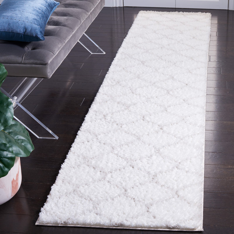 Gray and White Geometric Shag Runner Rug