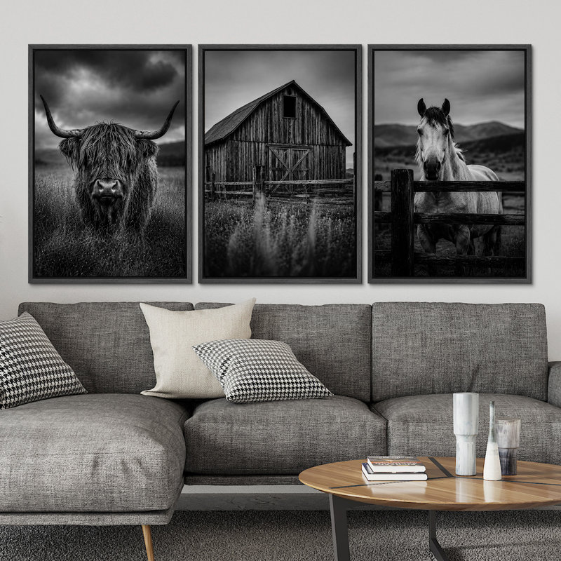 Noir et blanc ferme grange Highland Cow Horse campagne campagne paysage Western rustic Farmhouse Wall Art Decor encadré sur toile 3 pièces
