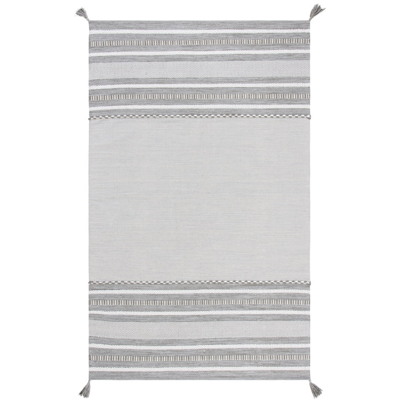 Cumberland Striped Hand-Woven Flatweave Cotton Gray/Ivory Area Rug, Rectangle 5' x 8'