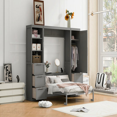 Grand lit escamotable mural avec placard, tiroirs et tablettes, gris