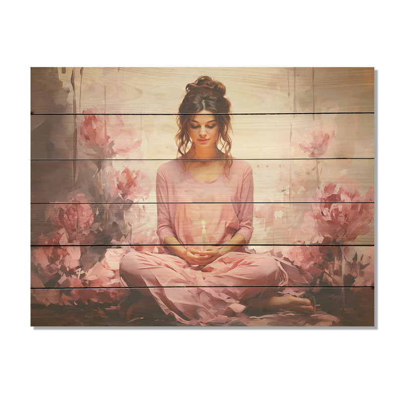 «Pink Yoga Mediation» - art mural panneau de bois de yoga sur bois de pin naturel, H 30 po x l 40 po