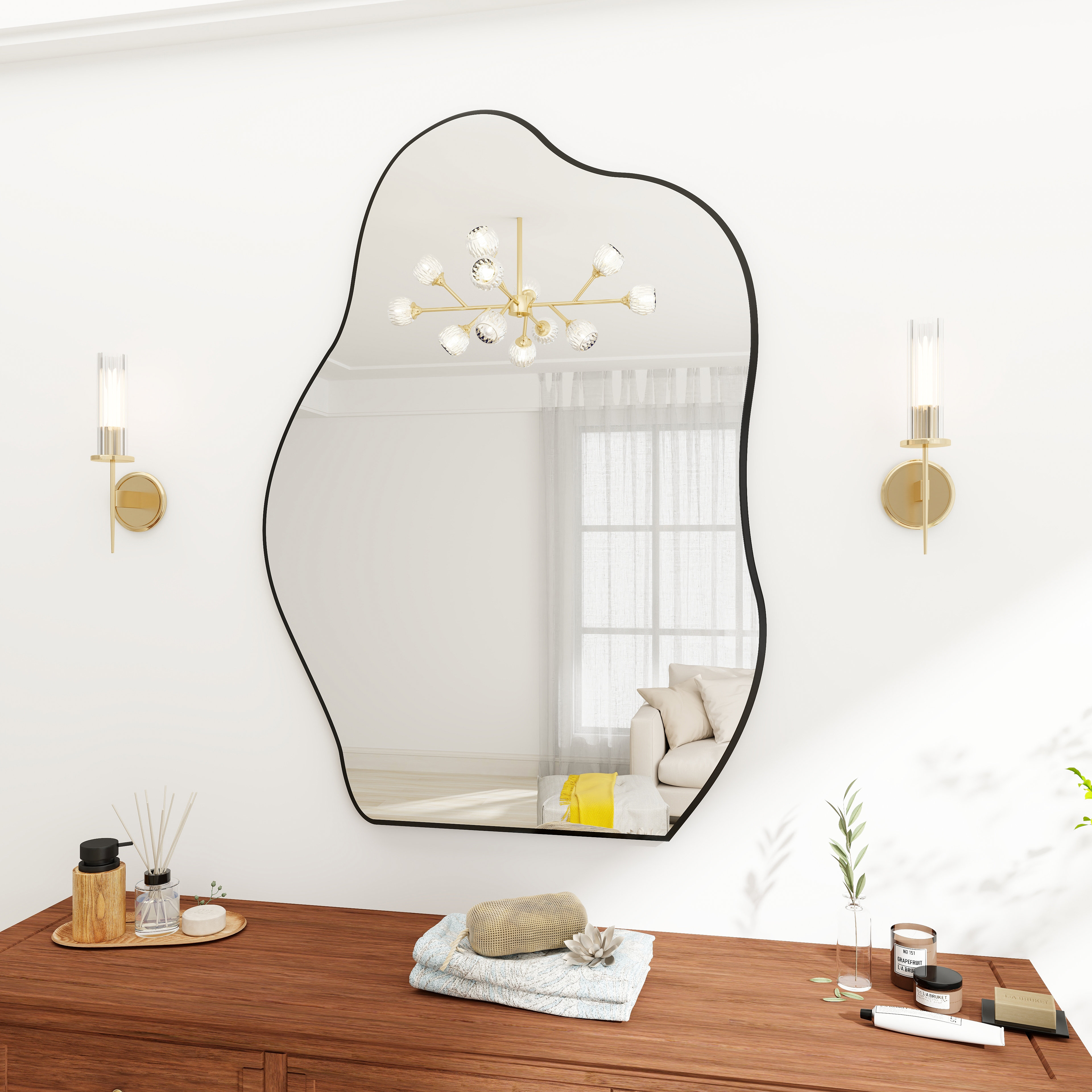 Grand miroir asymétrique suspendu pour salle de bain, grand miroir irrégulier avec lumières