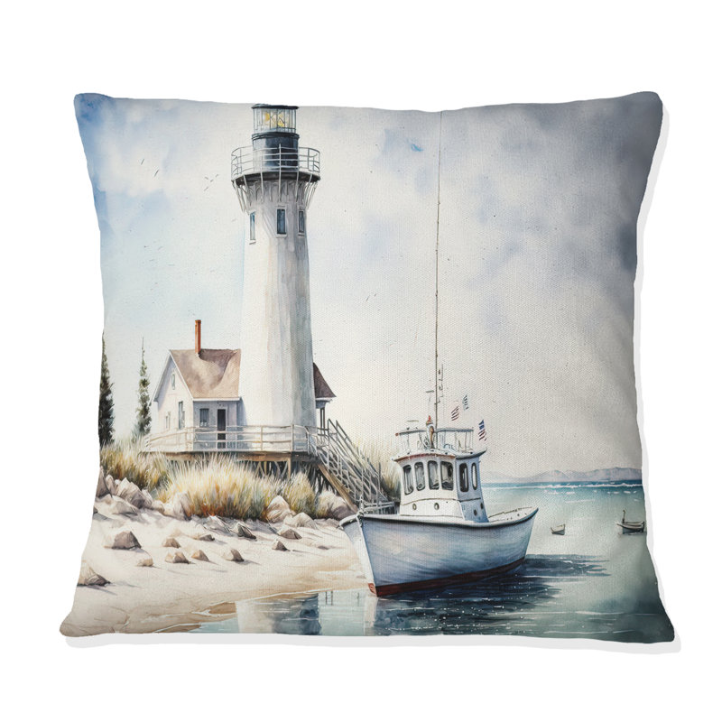 Oreiller imprimé bateau de pêche et phare I - plage côtière, H 16 po x l 16 po