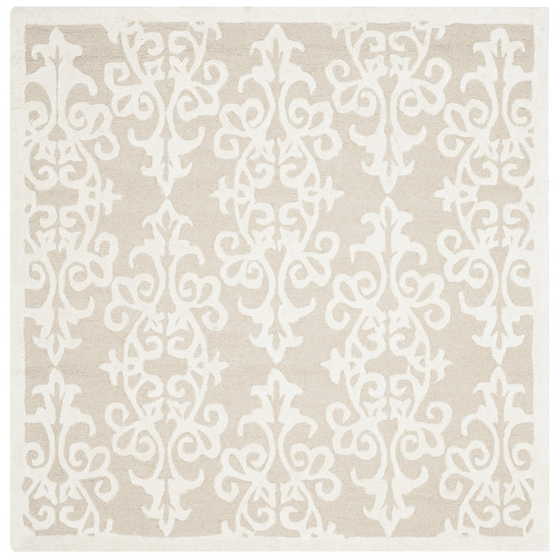 Harger Hand Tufted Wool/Viscose Damask Rug in Sand/Ivory, Square 5'