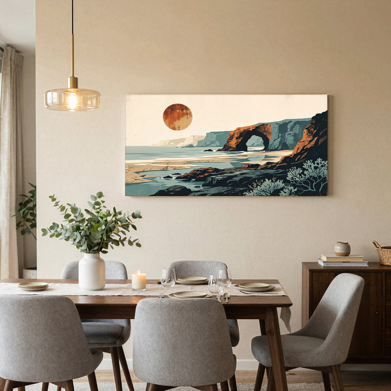 «Rusty Orange Sun Over Coastal Rock Arch», art mural sur toile, 46“W x 24”H