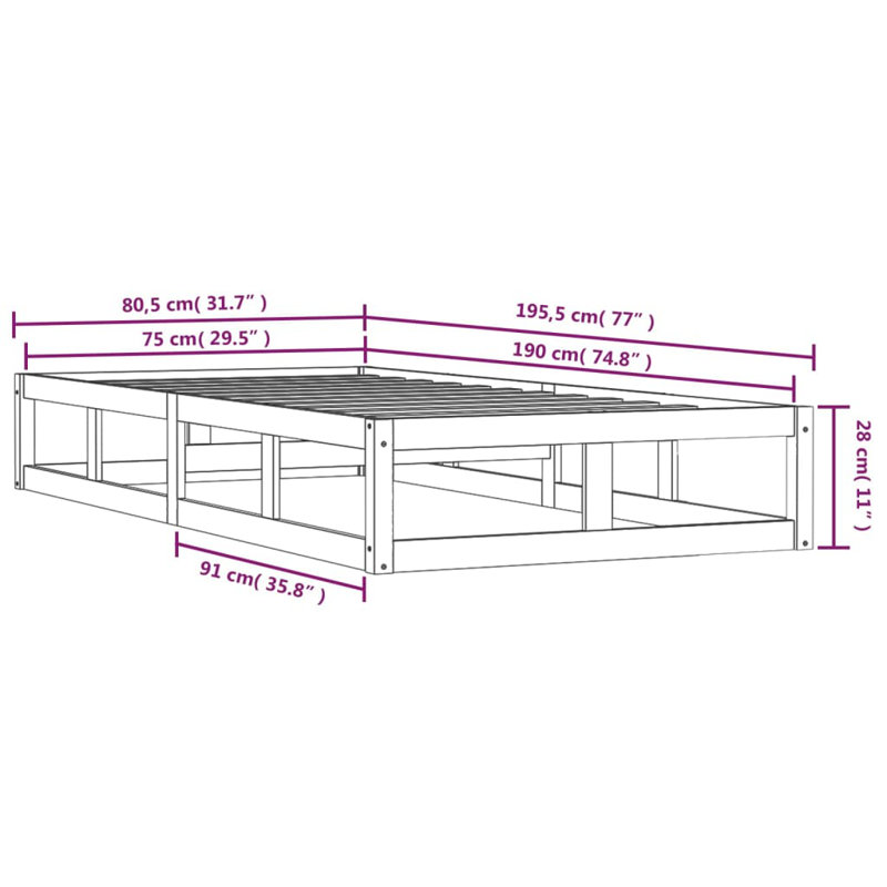 Bed Frame Solid Wood, Brown, 80.5 x 195.5 cm