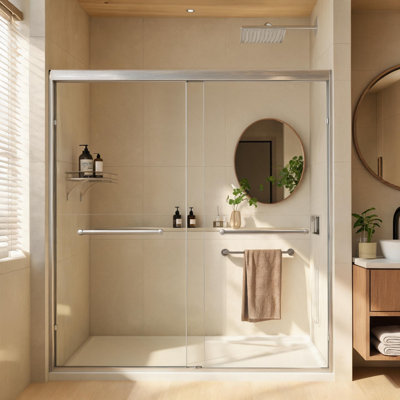 Porte de douche coulissante double de 142 à 152 cm (56 à 60 pouces) avec cadre en aluminium nickelé brossé, verre trempé et poignée en acier inoxydable