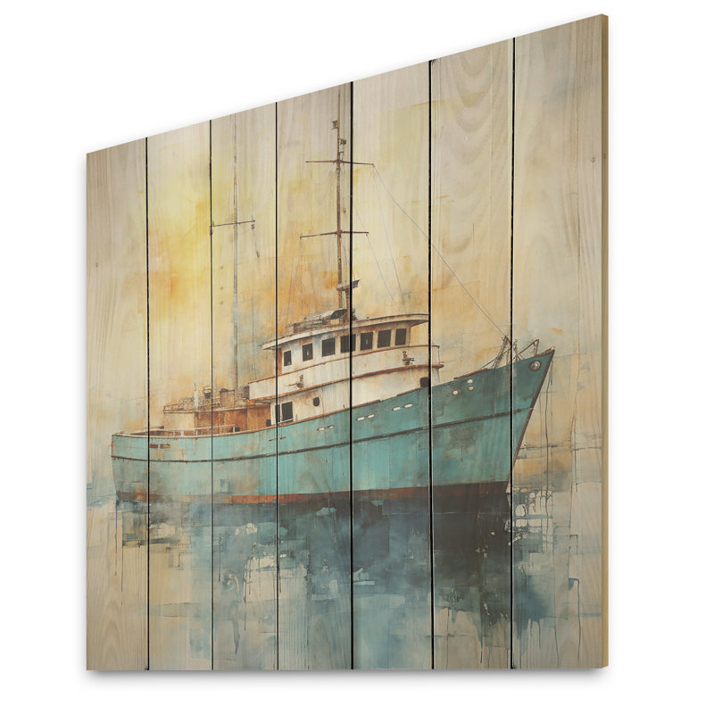 Yellow And Blue Harbor Dawn Fishing Boat - Coastal Boat On Wood Print, 25" H x 25" W