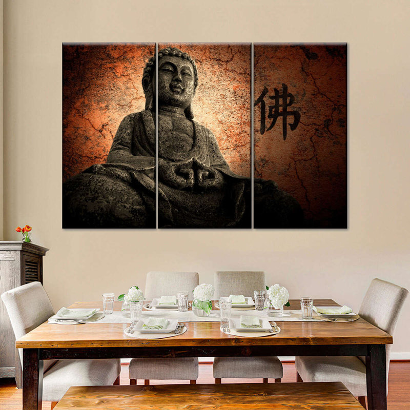 Bouddha grunge sur toile, ensemble de 3 pièces, H 42 po x l 65 po x P 1,25 po