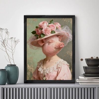 Art encadré noir avec cochon rose rétro