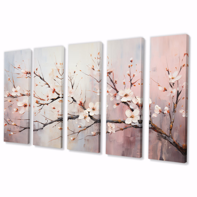 Rose et blanc, fleurs printanières charmantes - Fleurs, art mural 5 pièces pour le salon, H 28 po x l 60 po