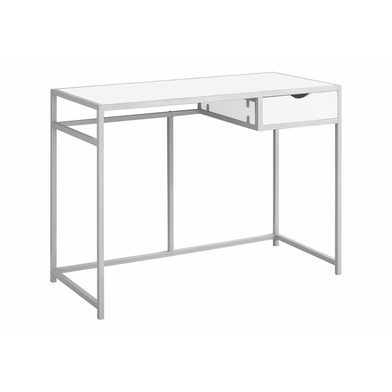 Bureau d'ordinateur, bureau personnel, ordinateur portable, tiroir de rangement, L 42 po, travail, stratifié blanc, métal argenté, contemporain, moderne