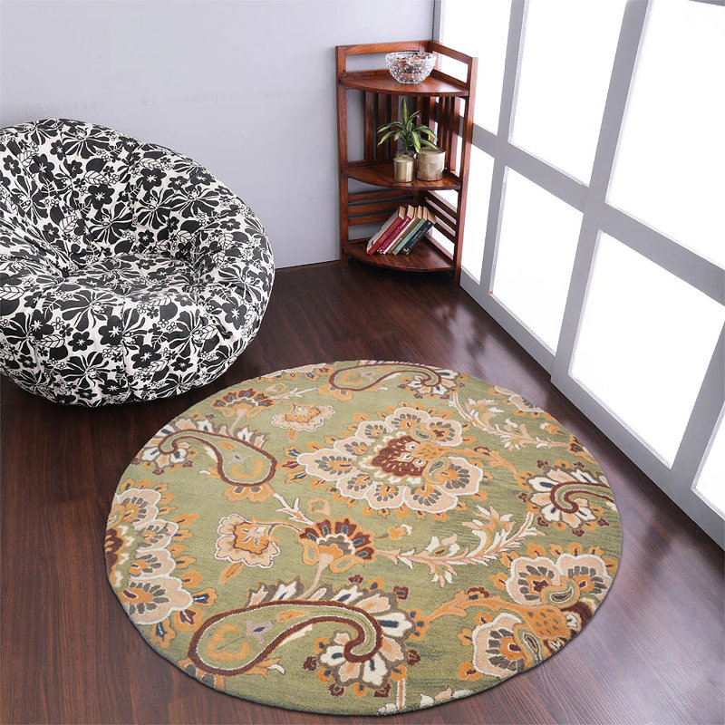 Lipsey Hand Tufted Wool Eco-Friendly Area Rugs - Round, Green Color, Floral Modern Design, High Pile Thick Handmade Anti Skid Area Rugs for Living Room, Bed Room