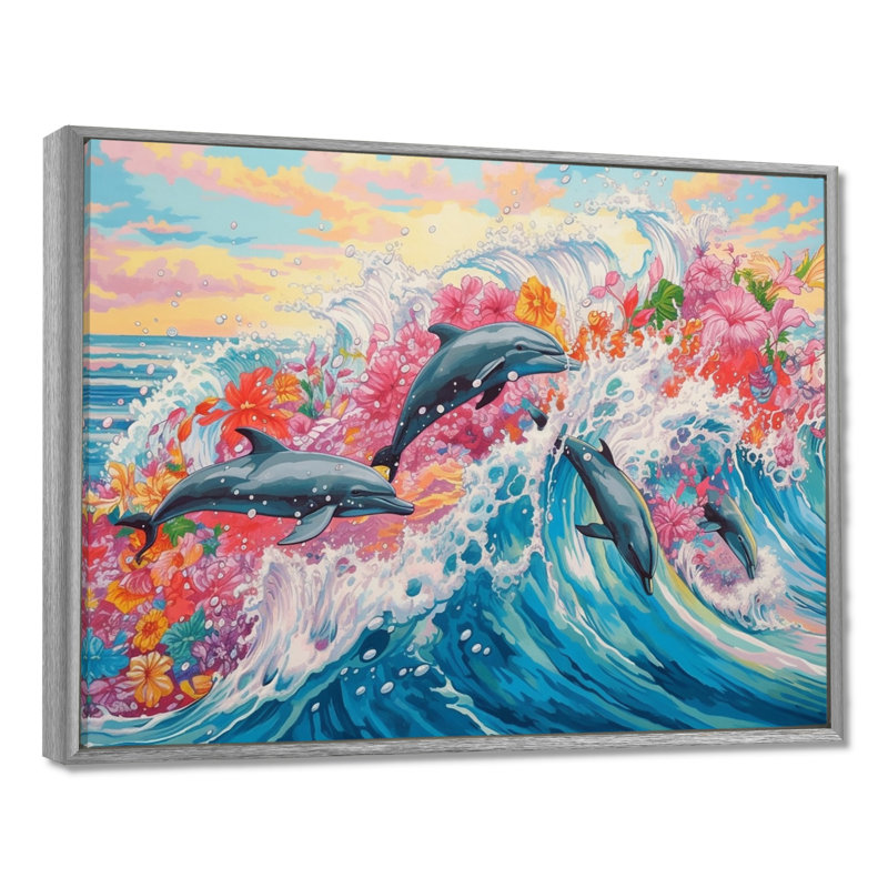 Dauphins colorés - art mural dauphin, H 30 po x l 40 po, Encadrement argenté