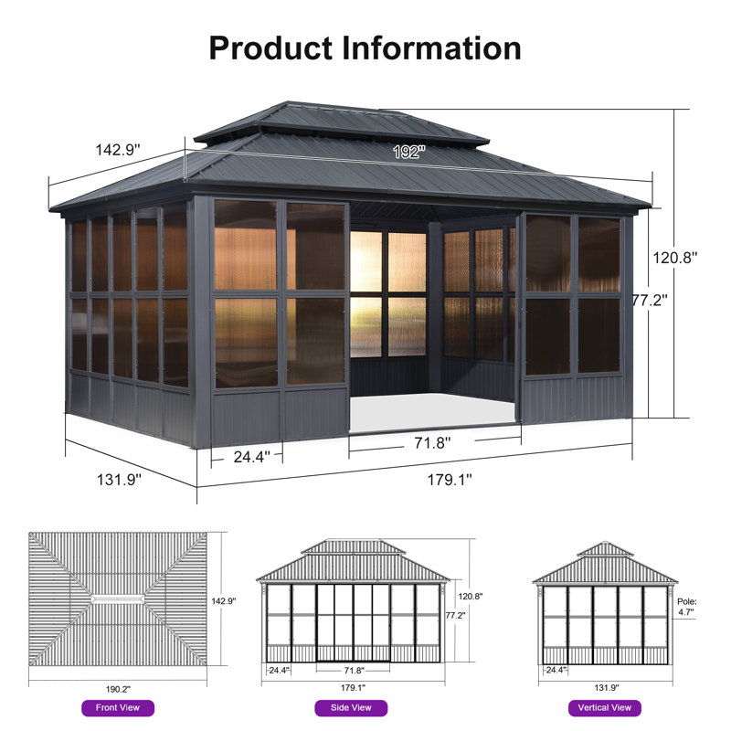 PURPLE LEAF 12' W x 16' D Sunroom Hardtop Gazebo Solarium Galvanized Steel Double Roof All-Weather Aluminum Outdoor Screen House