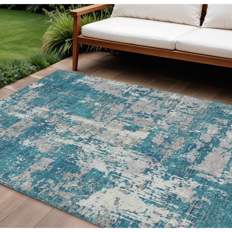 Tapis extérieur bleu sarcelle lavable abstrait 9 pi x 12 pi bleu sarcelle
