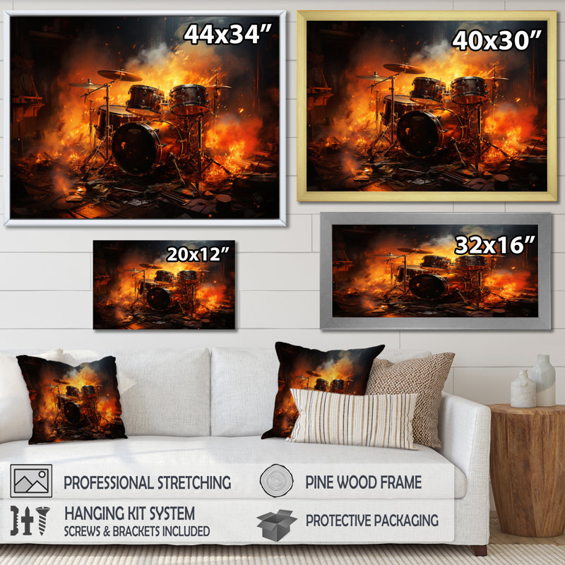 " Orange Black Fire Drums Tools Music I ", H 34 po x l 44 po x P 1,5 po, Cadre simple noir
