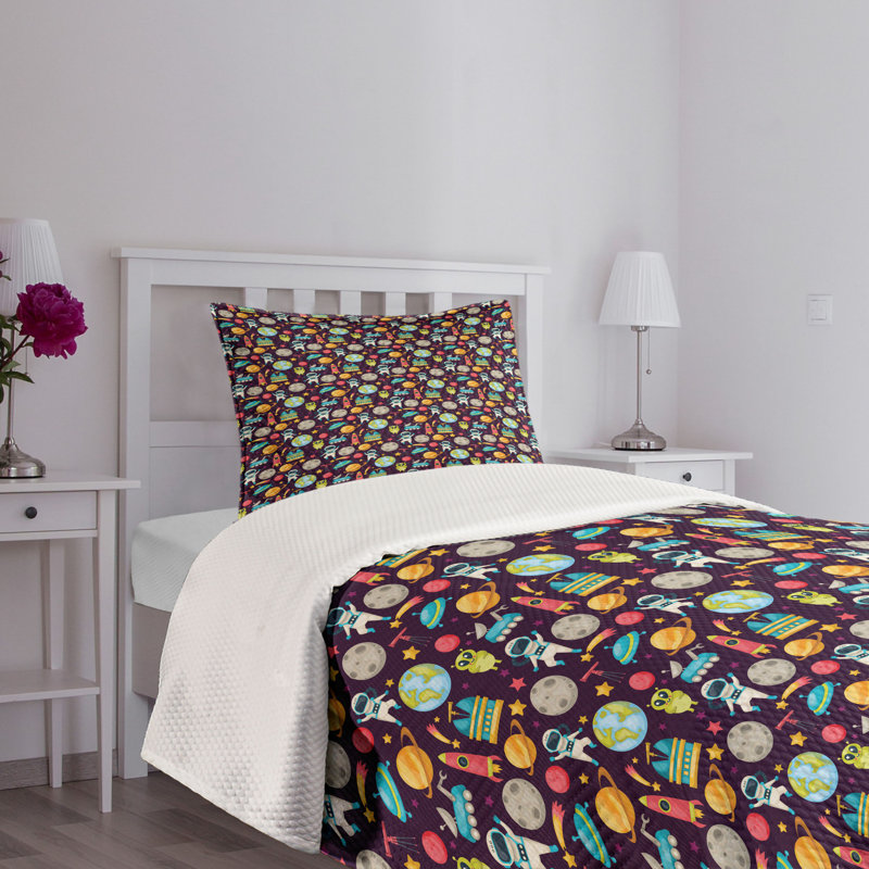 Ambesonne Space Bedspread Set Galaxy Party Pattern Multicolor, Twin Bedspread + 1 Standard Sham