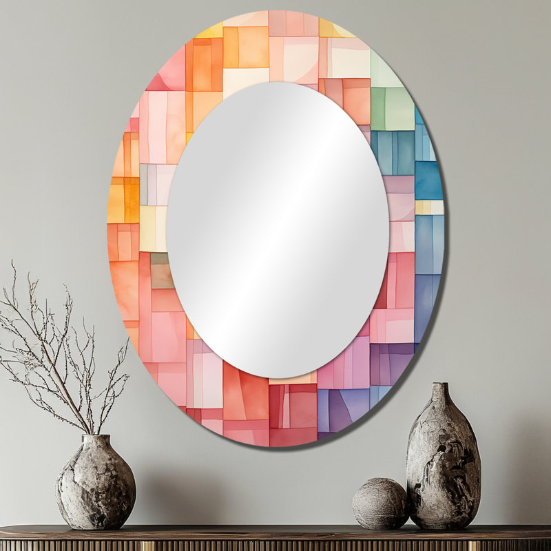 Hardedge Pastel Symetry I - Abstract Oval Decorative Mirror On Metal, 40" x 30"
