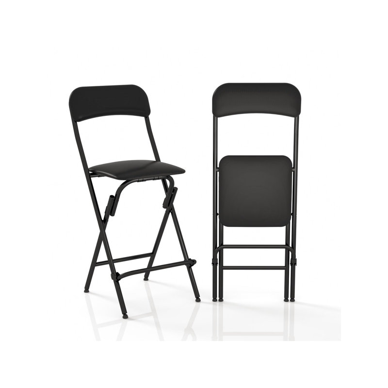 Tall Leather Padded Folding Bar Stool With Back, For Kitchen Bar - 2PC, Black, 19.3"D X 16.5"W X 38.2"H