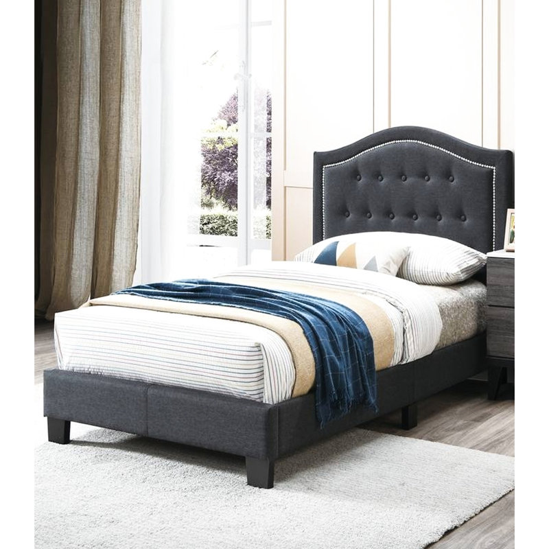 Cadre de lit simple avec tête de lit en jute gris anthracite et support moyen, Twin