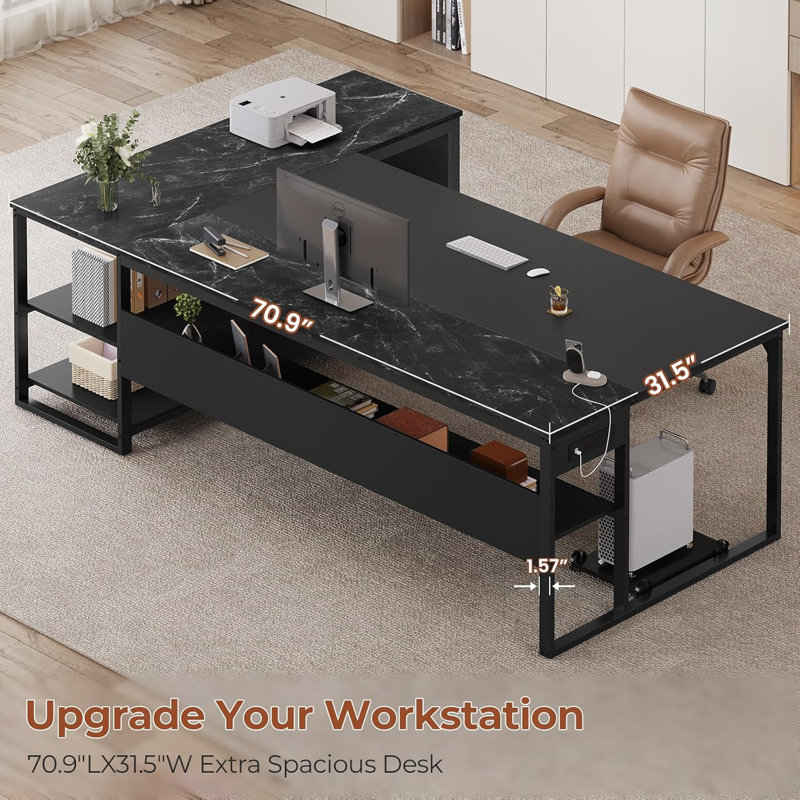 71" L-Shaped Executive Desk, Large Office Desk With Widen File Drawers and Power Outlets, Marble Black