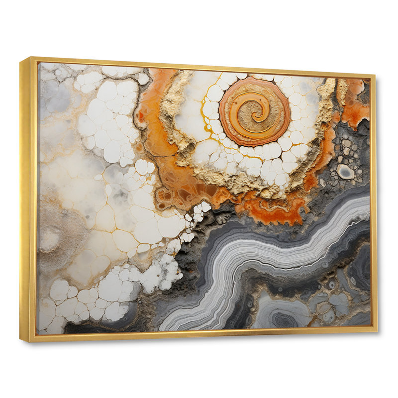 Géode de pierre beige et jaune sur toile, H 12 po x l 20 po x P 1 po, Cadre flottant doré