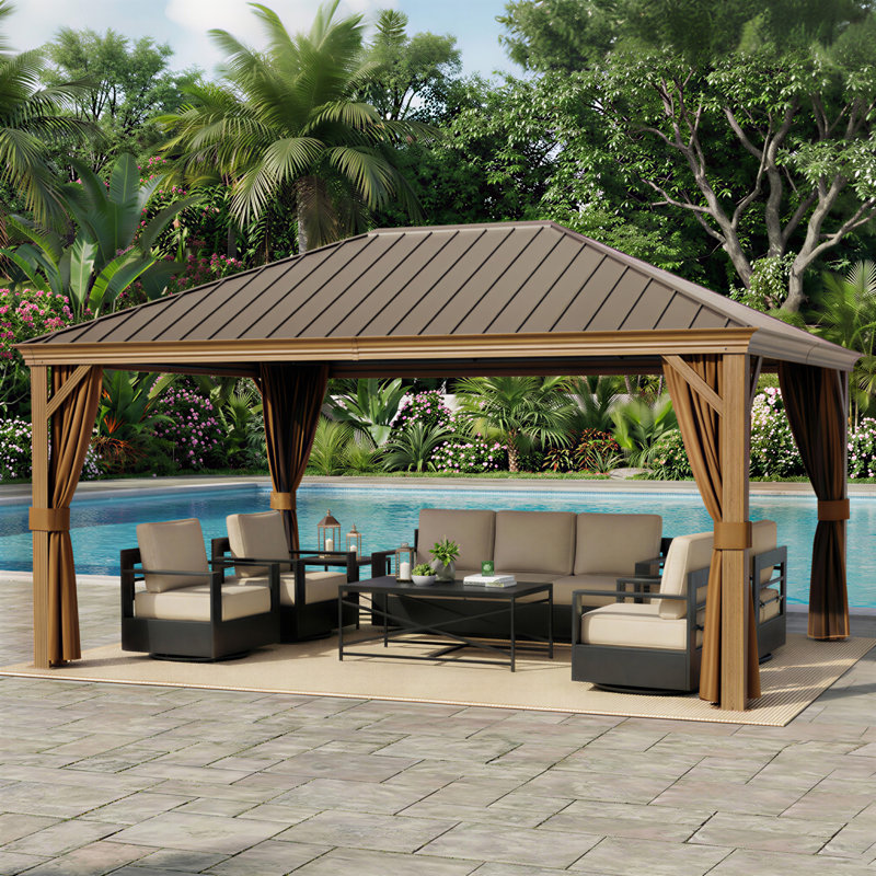 Pavillon de jardin extérieur en acier à toit rigide de 16 pi x l 12 pi avec protection totale en maille et colonne or brossé