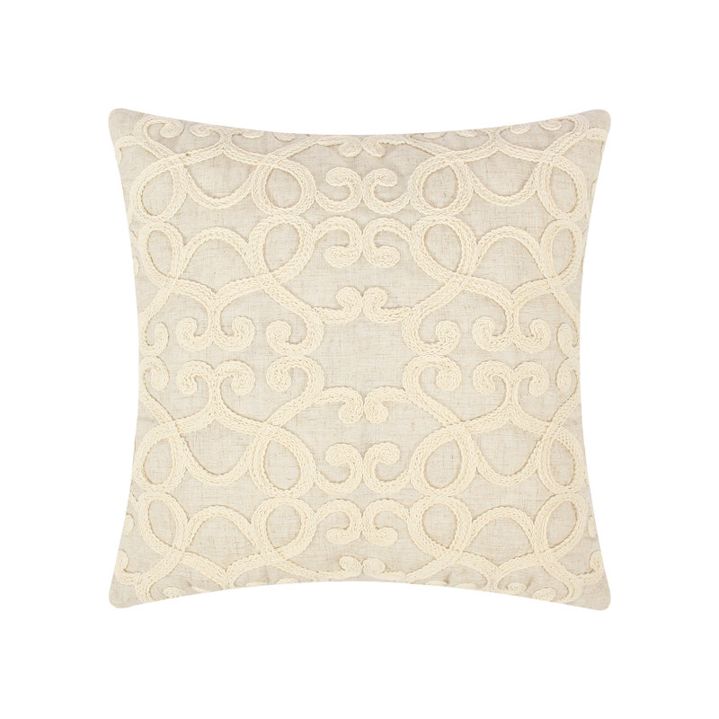 18x18 Cream Crewel Stitched Filigree Decorative Pillow