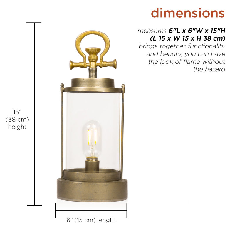 Vintage Metal & Glass Lantern with Warm LED Lights, 15" H x 6" W x 6" D