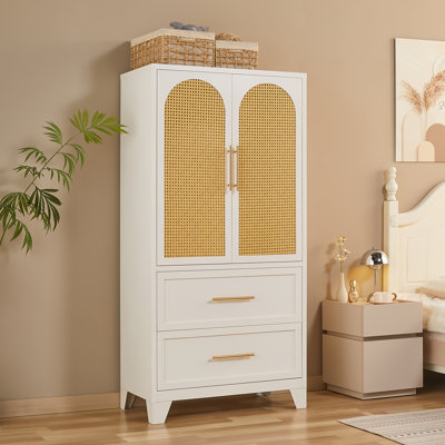 65"H Metal Wardrobe Storage Cabinets with ABS Rattan Door and 2 Drawers