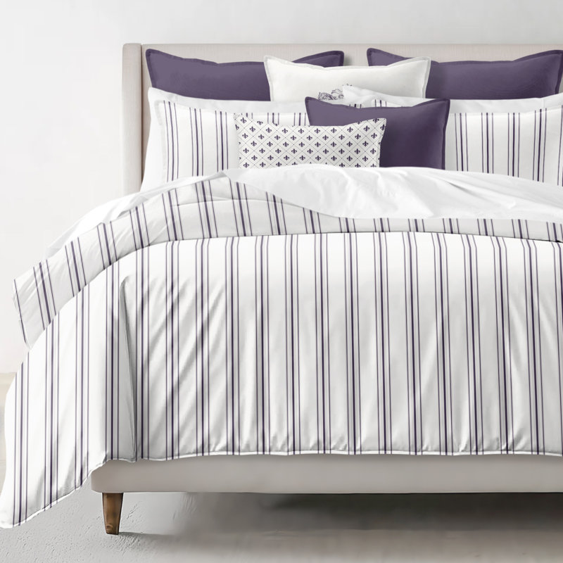 August Stripe Reversible Cotton Duvet Cover Set, Eggplant, Cal.King Duvet Cover + 2 King Shams