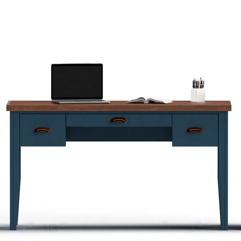 Bureau 53 pouces sans assemblage avec finition bleu denim et whisky, parfait pour le bureau à domicile et les espaces d'étude