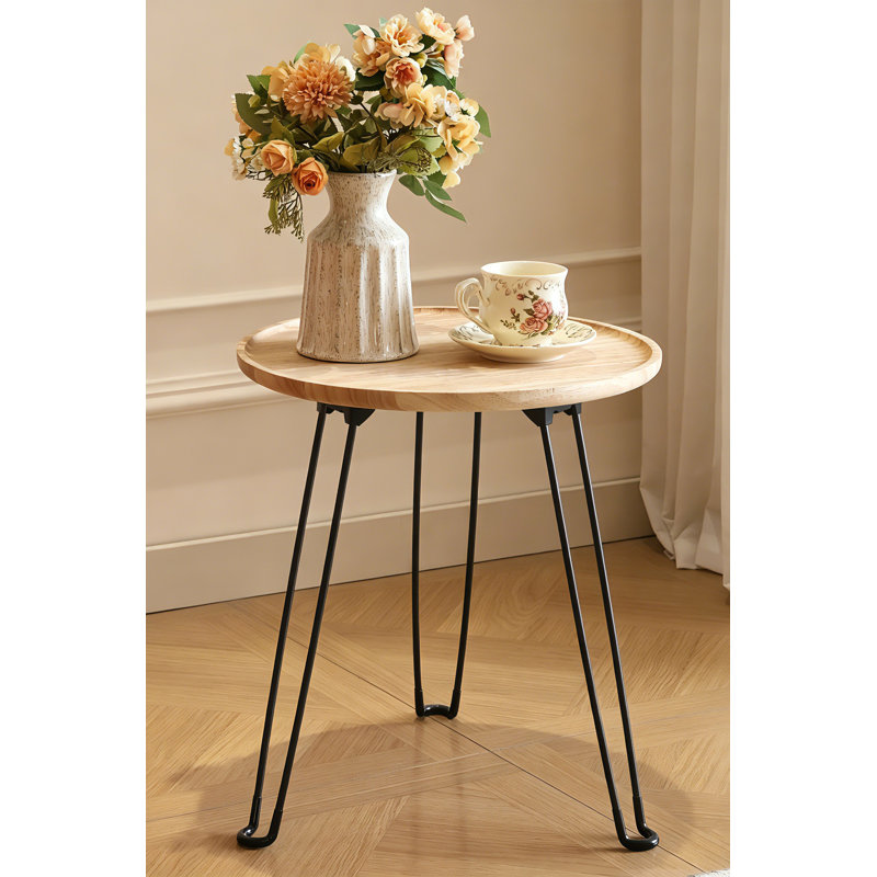 Foldable Round Coffee Table with Solid Wood Tray Top,End Table,Nightstand, Natural