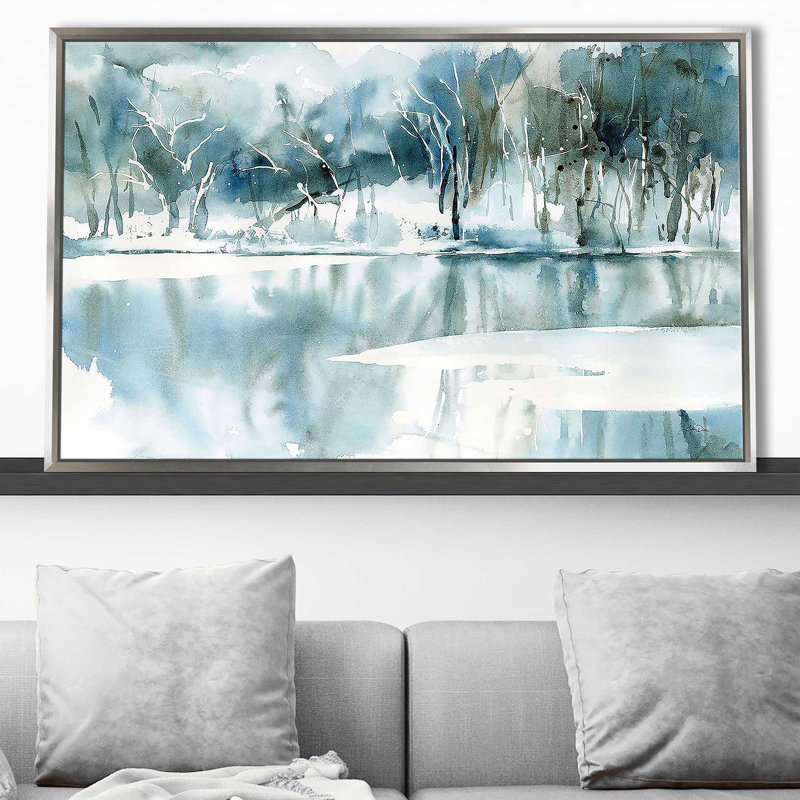 «Blue Reflections» par Katrina Pete - Peinture, Cadre flottant argent, H 31,5 po x l 51,5 po x P 2 po