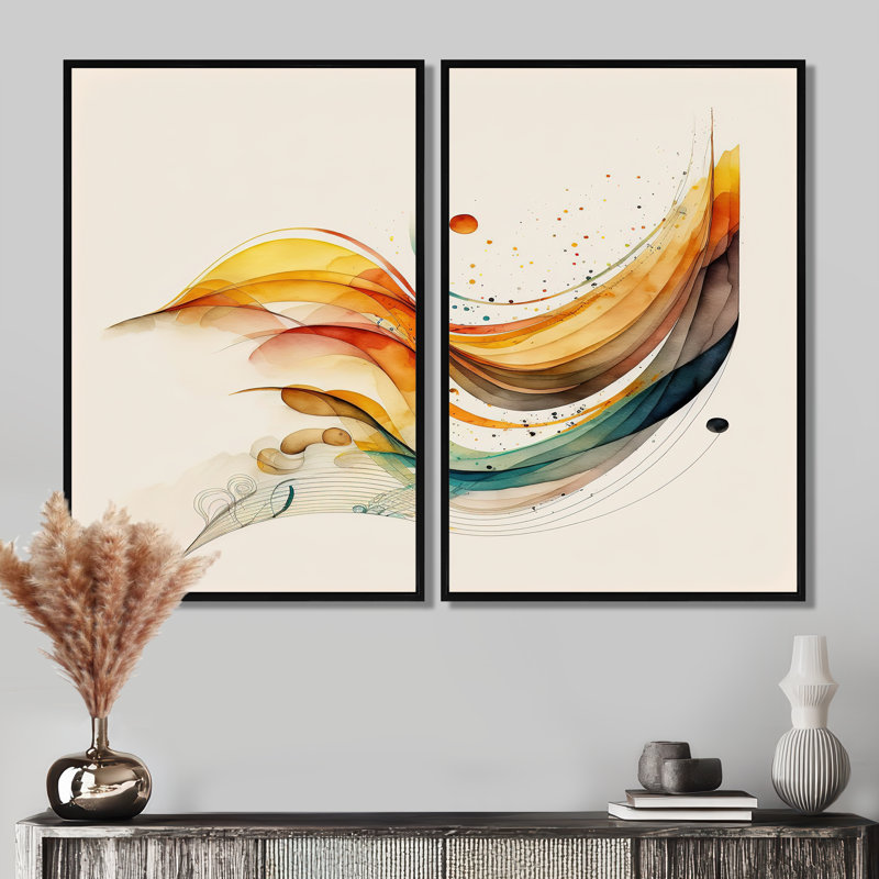 «Burnt Orange Waves Abstract II - Abstract Minimalisme», art mural sur toile 2 pièces, Black, 36" H x 48" W