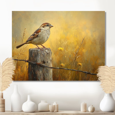 «Old Sparrow Bird On A Fence Post III», reproduction d'art moderne en métal, art mural oiseau en métal