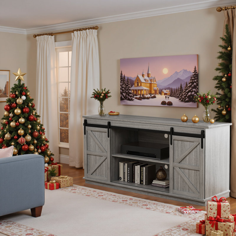 Ben Tv Stand For Tvs Up To 65" With Double Sliding Barn Doors And Storage Cabinets, Gray Wood