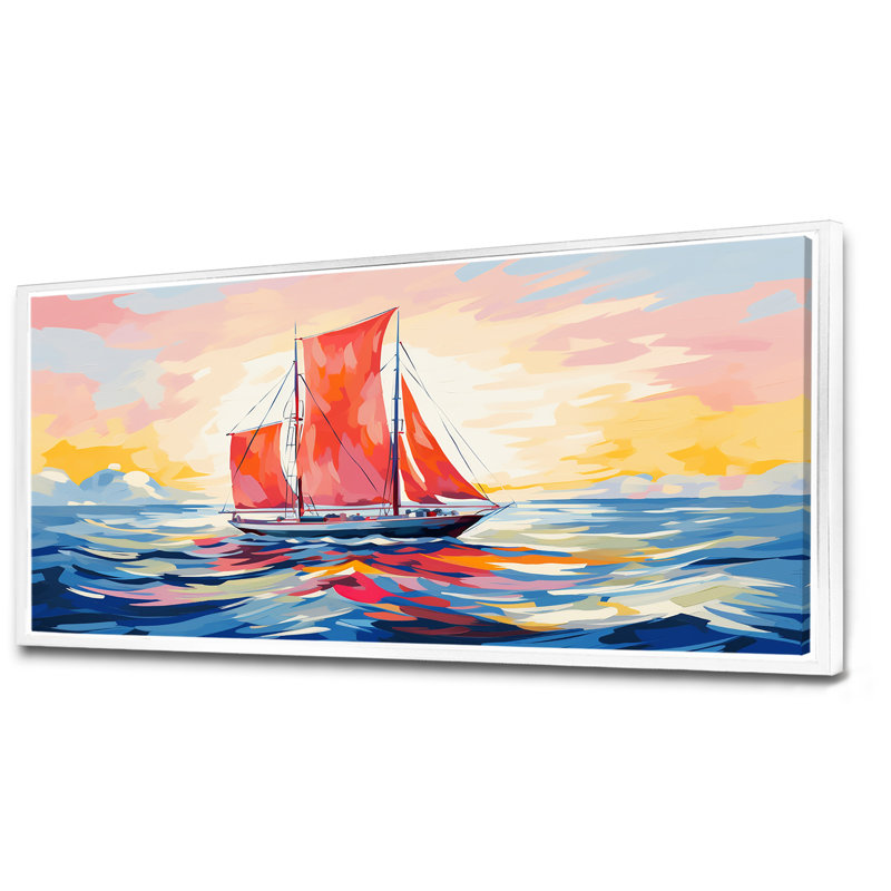 Coucher de soleil sur un bateau à voile III - bateau à voile, art mural, Cadre flottant blanc, H 28 po x l 60 po x P 1,5 po